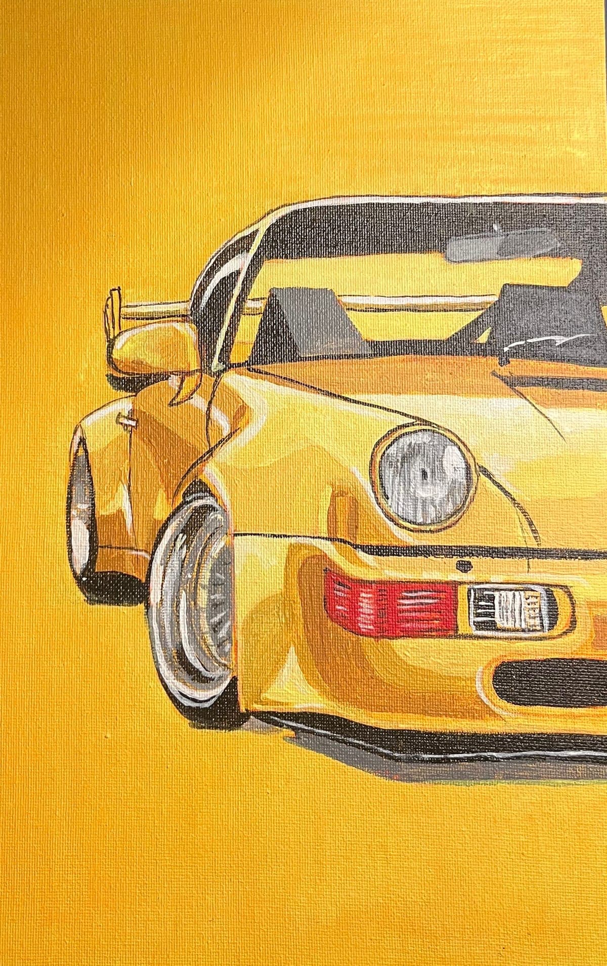Hand-painted acrylic canvas of a yellow sports car against a golden background
