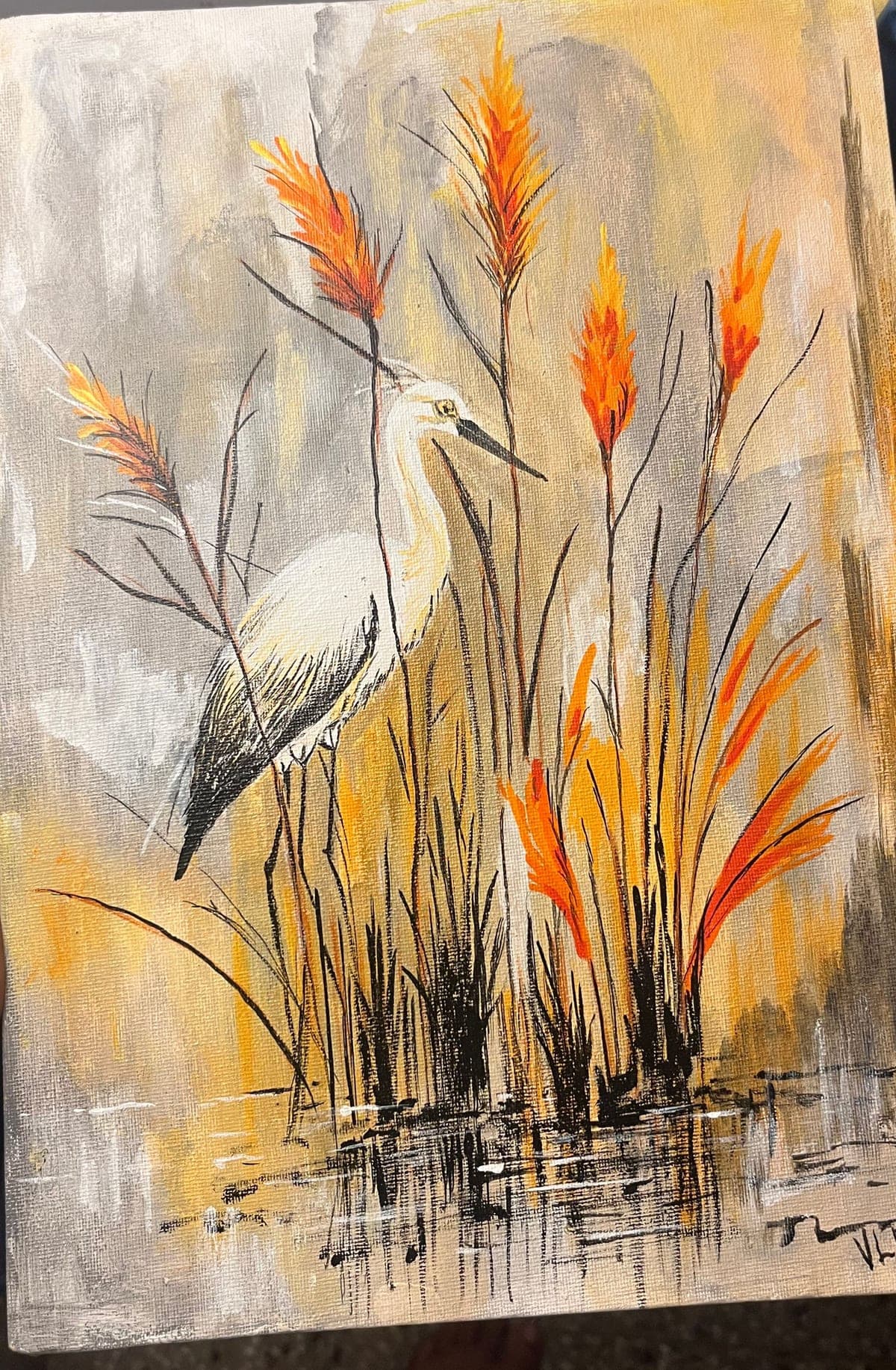 Hand-painted acrylic canvas of a white egret standing among orange reeds